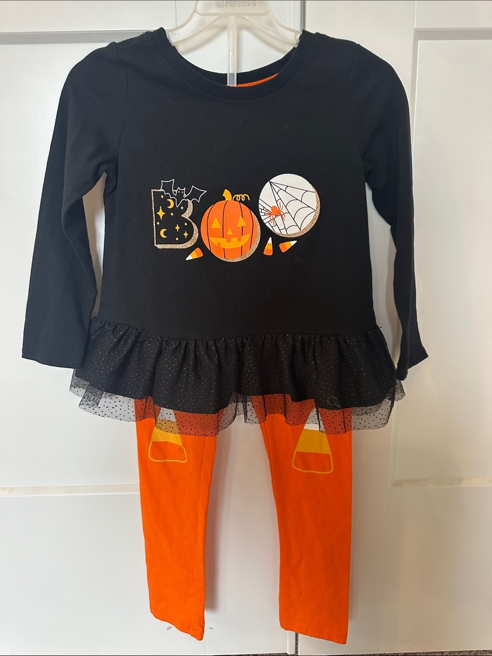 Cat & Jack Halloween  'Boo' Tulle Tunic with Orange Candy Corn Leggings set.